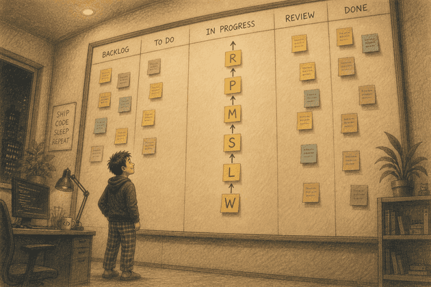 The same engineer at their kanban board, the giant sticky note replaced with a neat stacked column of smaller sticky notes shaped like the letters W, L, S, M, P, R, with arrows pointing upward through them.